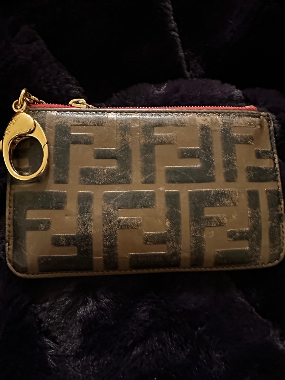 Fendi Zucca Brown/Red Leather Zip Card Case